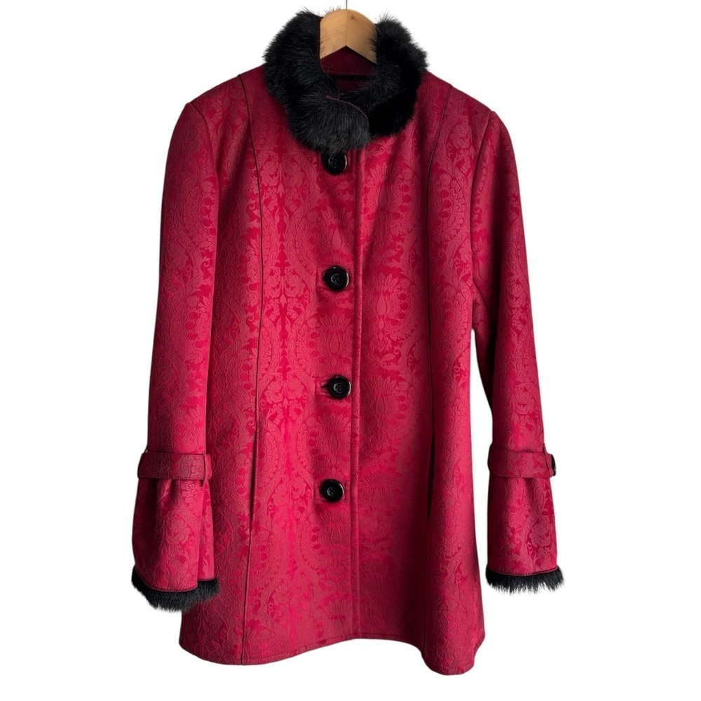 Vintage Inspired Red Jacquard Faux Suede Jacket Sz S Damask Long Winter Coat EUC